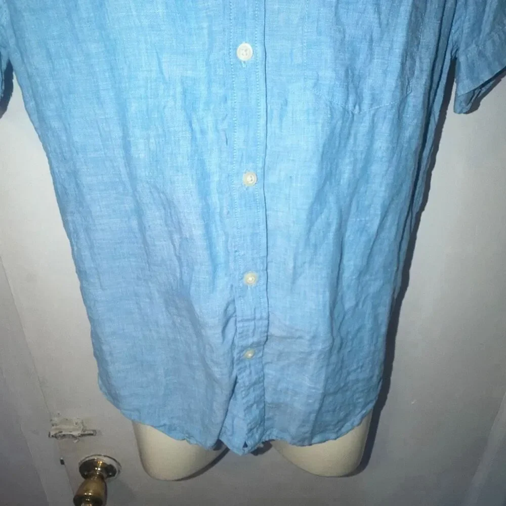 BANANA REPUBLIC 100% Linen Blue Camden Fit Button Down Short Sleeve Shirt-S